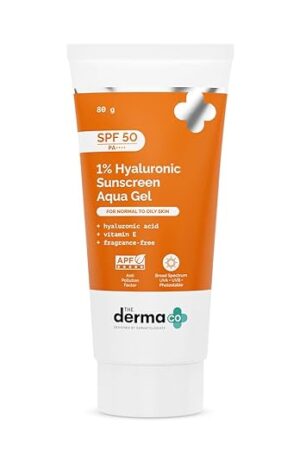 The Derma Co 1% Hyaluronic Sunscreen Aqua Gel SPF 50 PA++++ I For Oily, Dry, Acne-prone Skin | Ultra Lightweight Texture I Non-Greasy, No White Cast | Broad Spectrum Protection & Blue Light Protection | For Men & Women | 80 g