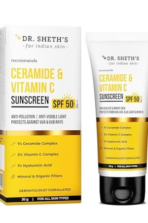 Dr. Sheth's Ceramide & Vitamin C Sunscreen | SPF 50+ Pa+++ | In-Vivo Tested | For Bright Skin & Healthy Glow | Non-Greasy, Quick-Absorbing, No White Cast | UVA/B & Bluelight Protection | For Men & Women | For All Skin Type | 30 g